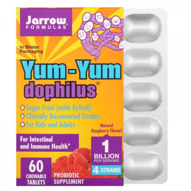 Jarrow Formulas, Yum-Yum Dophilus без сахара !, натуральный малиновый вкус, 60 жевательных таблеток